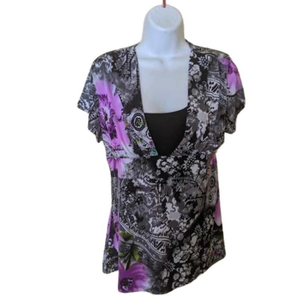 ---  White Black Purple Layered Look Stretch Top Fits Size Large